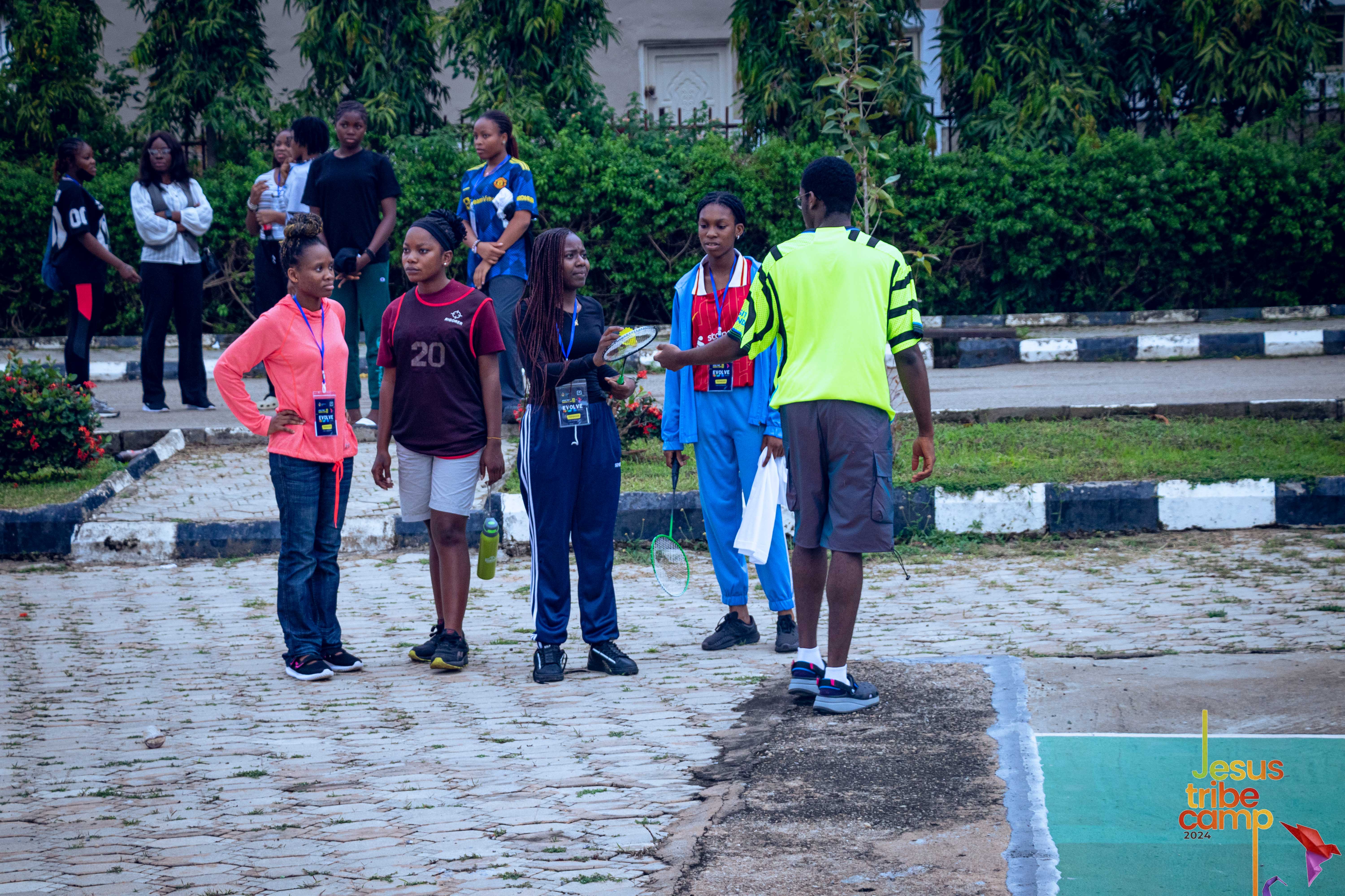 Campers gathered in the courtyard between sessions
